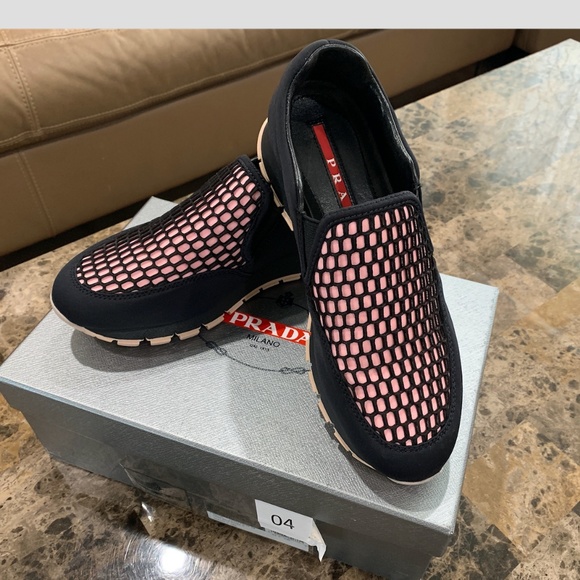 Prada Shoes - PRADA Women's Black/Pink Neoprene Honeycomb Sneake